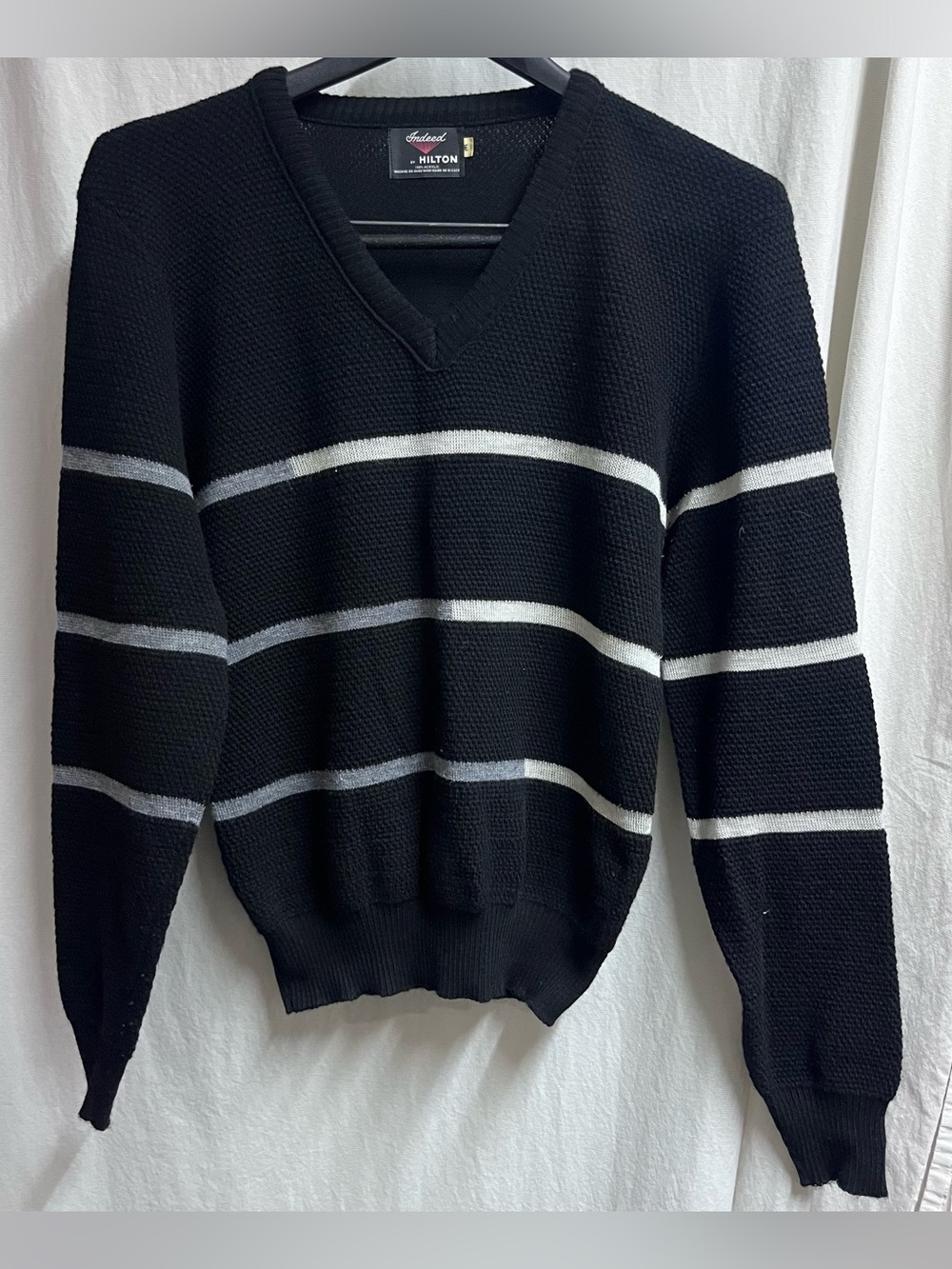 VTG 70s 80s Indeed by Hilton V-Neck Sweater Black Geometric Striped Knit Medium